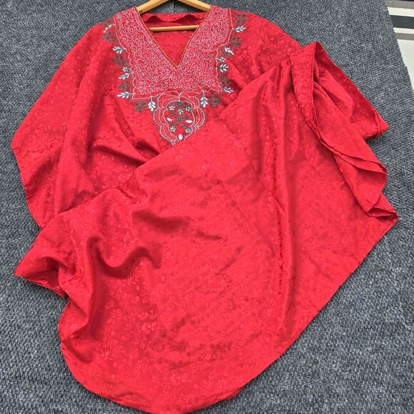 Unbranded Dresses & Skirts - Red Floral Damask Embroidered Kaftan Gown Green Embroidery Loungewear Resort